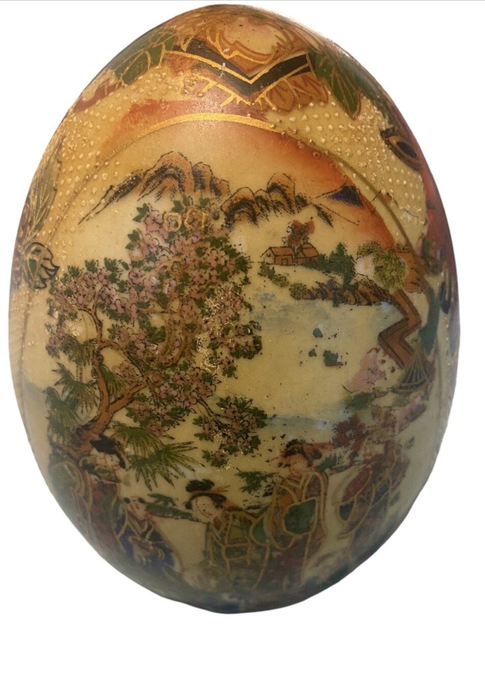 Vintage Satsuma Egg Hand Painted Asian Oriental Chinese Gold Color 5 Inches Tall